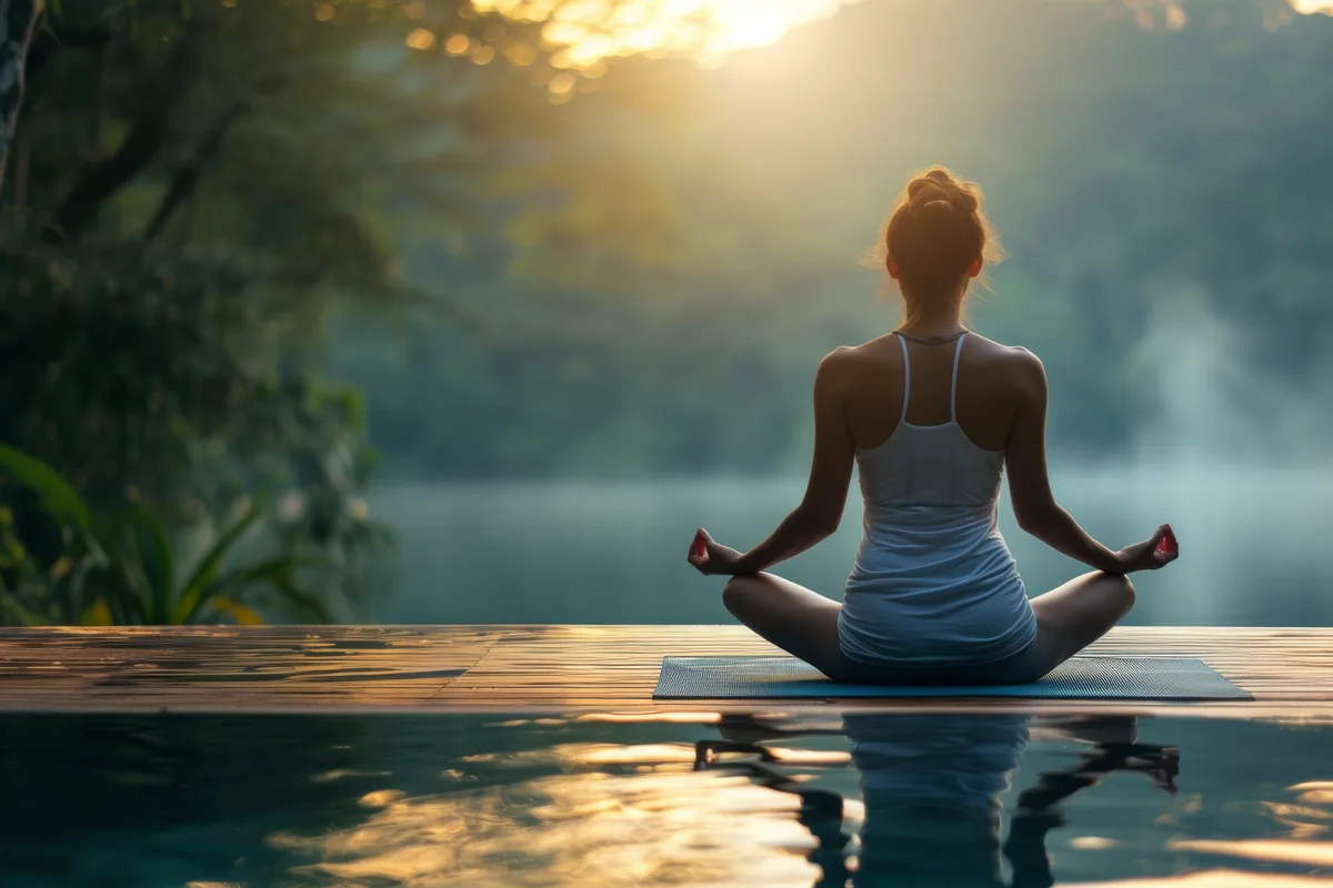 Woman meditating in a seated lotus pose on a dock at sunrise over water, set in a cream frame